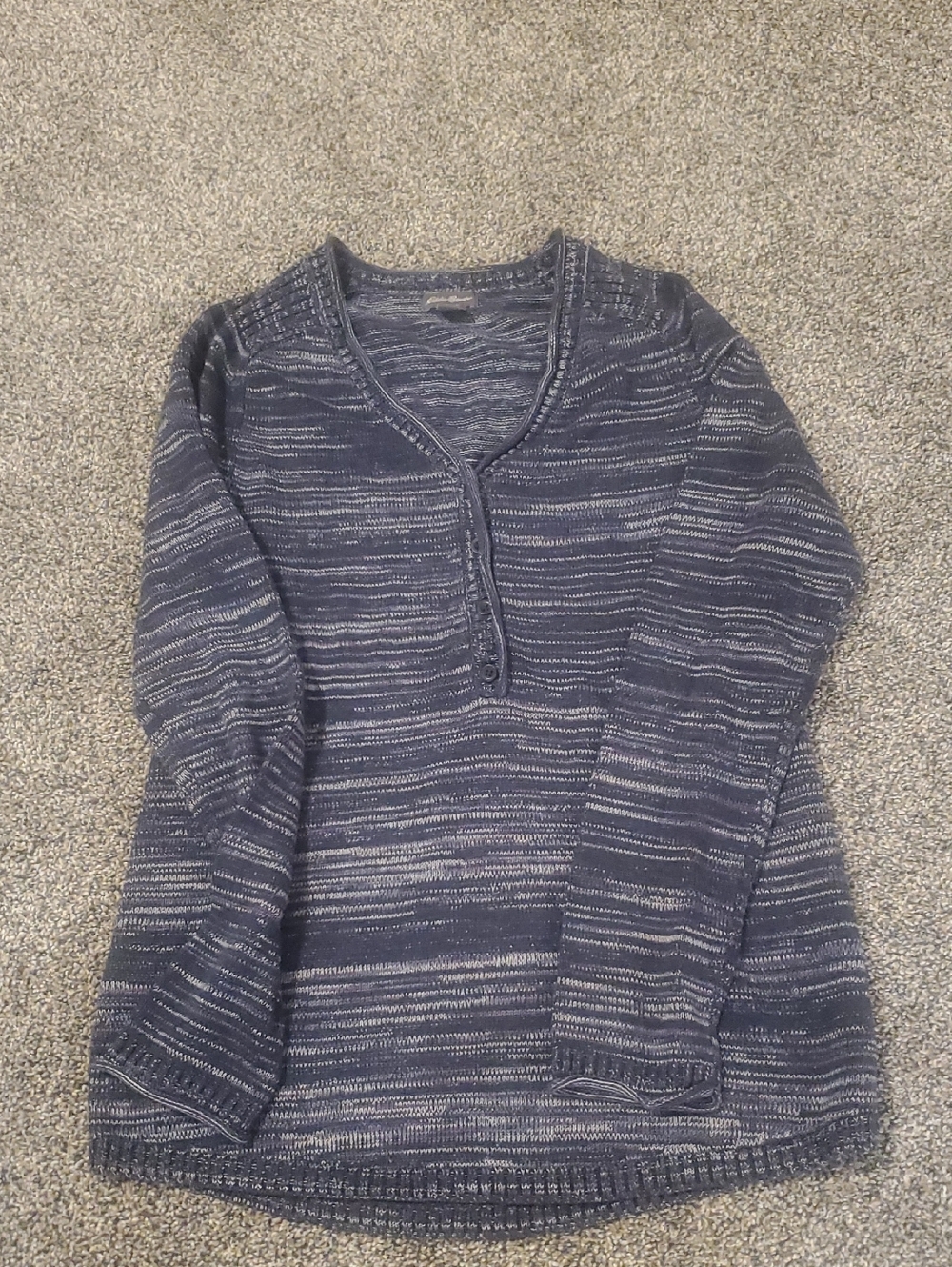 Eddie Bauer Navy and Light Gray Striped V-Neck Sweater